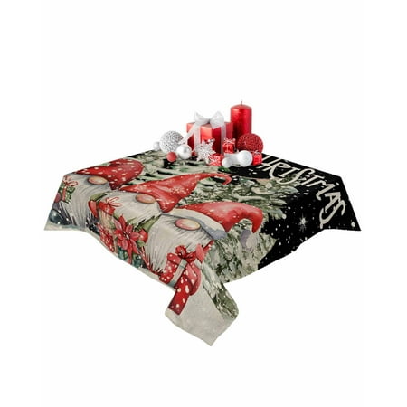 Square Tablecloth 54 x 54 Inches Christmas Gnomes Pine Trees Snowflakes Waterproof & Stain Resistance Table Cloth Decorative Fabric Table Cover for Dinning/Party/Buffet/Banquet