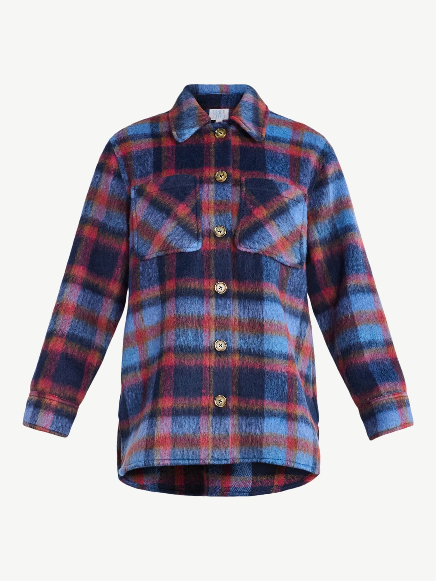 Time and Tru Women's Brushed Plaid Shacket, Sizes XS-XXXL