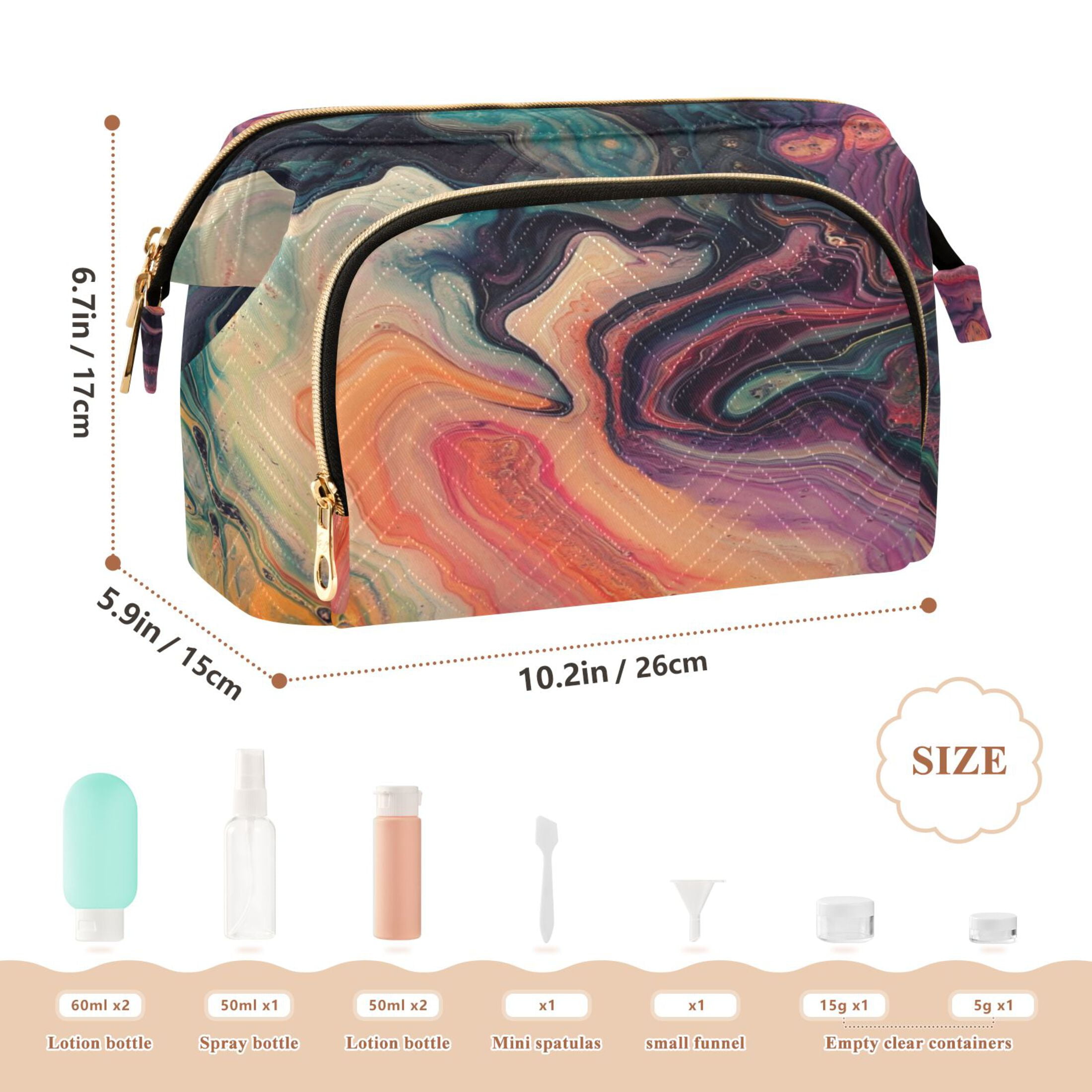 Wavy Quilted Cosmetic Bag Large-Capacity Travel Toiletry Organizer Includes 9-Piece Portable Travel Bottle Set Fluid Abstract Patterns