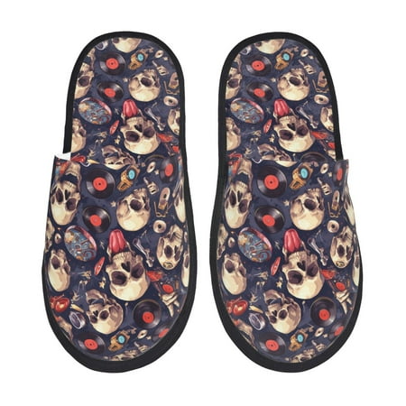 

Sikiie Skull record rock Fuzzy Slip-on Slippers Warm Cozy Soft Lightweight Memory Foam Indoor House ShoesMedium
