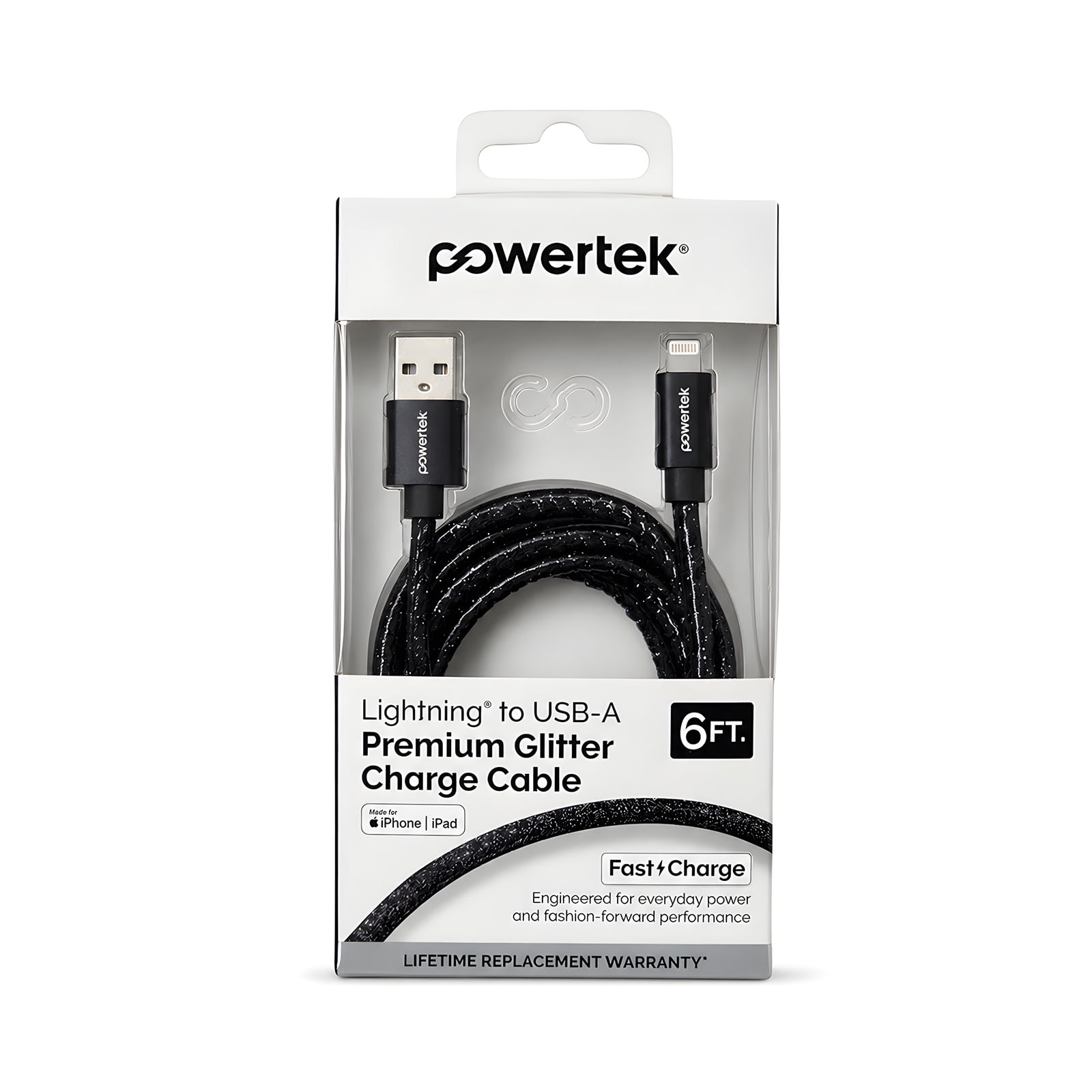 Powertek USB-A to Lightning Cable, Fast Charging iPhone Charger Cord, Durable Tangle-Resistant Sync Cable, Black Glitter, 6FT