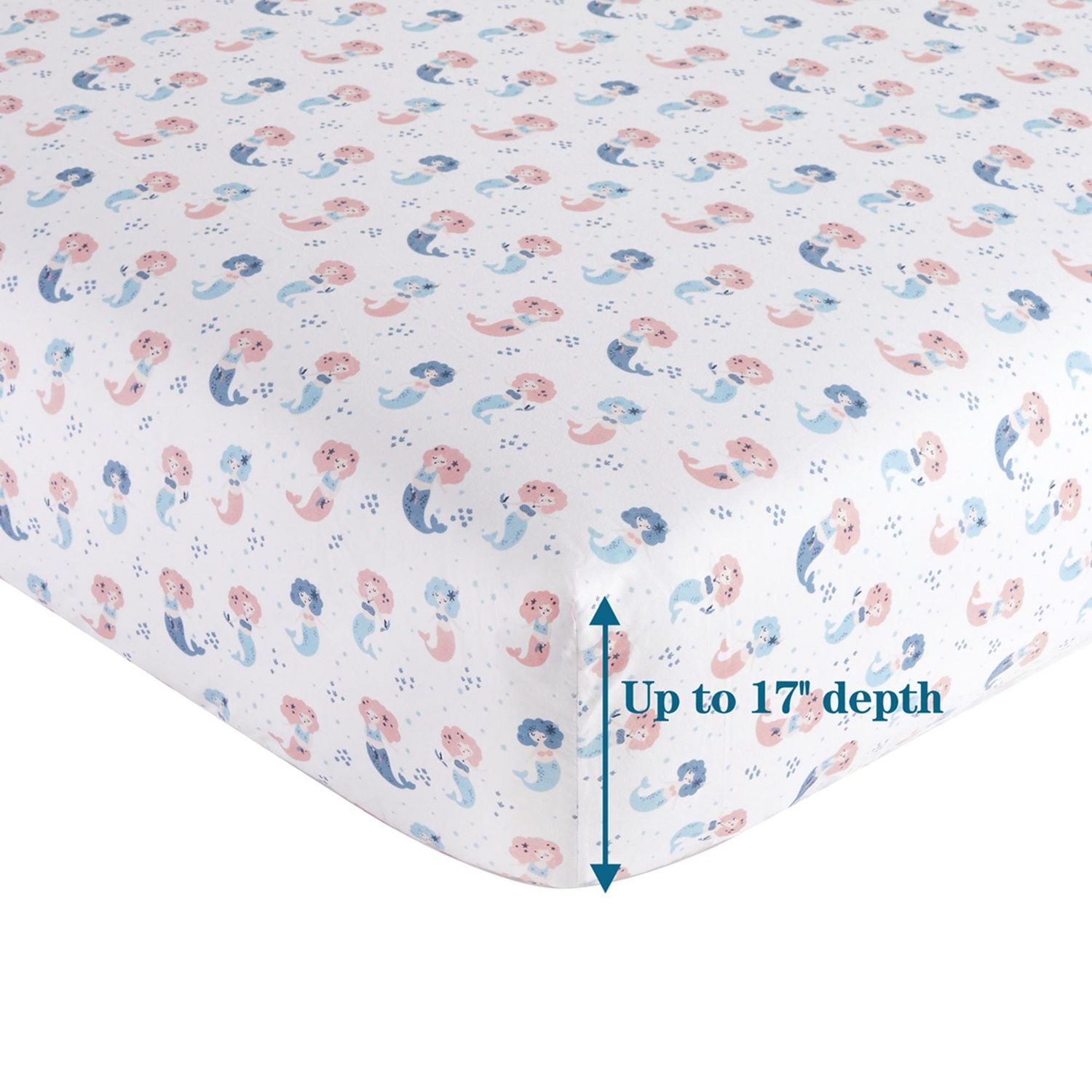 Marina Decoration Kids Girls Toddlers Cute Printed 600 Thread Count Soft Cotton Blend Percale Duvet Cover Fitted Sheet Ensemble Bedding Set, Cartoon Mermaid Pattern