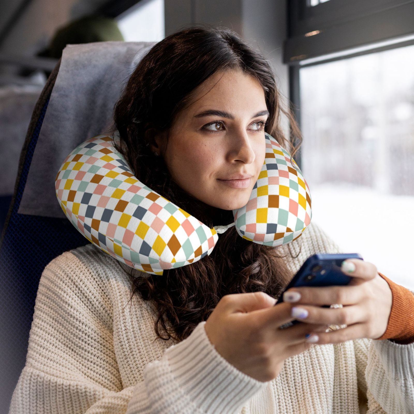 Xecao Colorful Checkered 1 Print Memory Foam Cervical Neck Pillow Versatile U-Shaped Pillows for Home,Office,Camping,Travelling,Soft Washable Cover