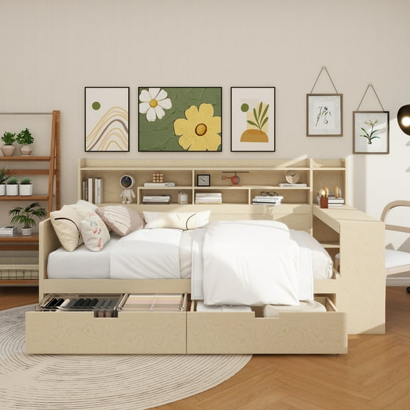 Wooden Twin Size Daybed with Storage Shelves, Multi-functional Bed with Two Storage Drawers and Study Desk, Natural