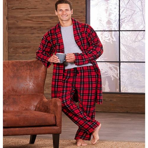 Men's Fleece Robe and Pants Sets-Red-XL 