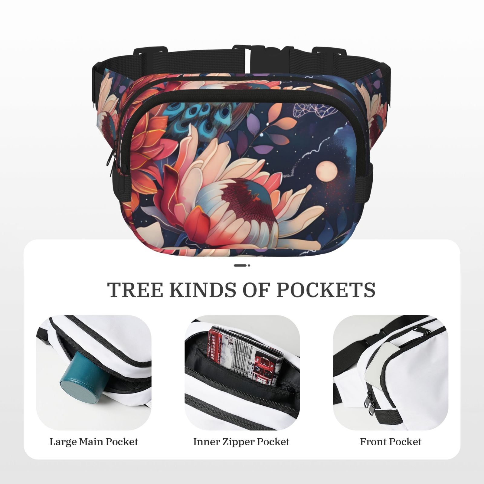 Picia Colorful Flower Peacock Print Square Double-Layer Waist Bag Mini Adjustable Waist Belt Bag Exercise Running Travel Hiking