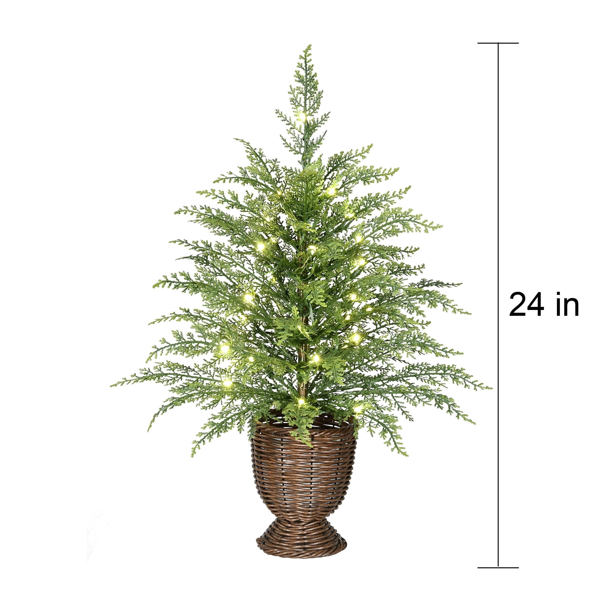 My Texas House 24" Small Pre-Lit Cypress Green Artificial Christmas Tree with 30 Warm White Twinkle LED Lights in Woven Basket