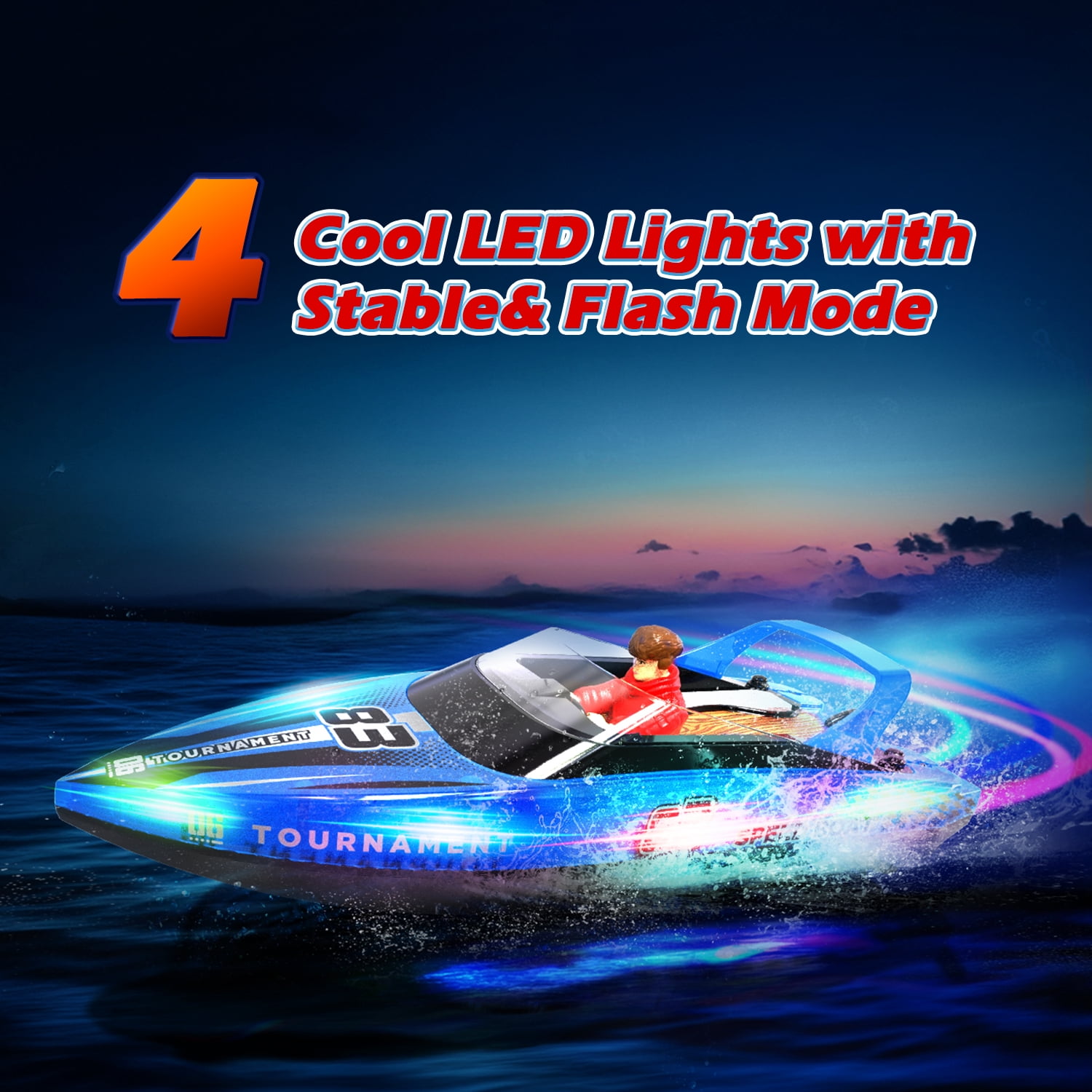 JoyStone 10 inch RC Boat with LED Lights for Adults and Kids - 2.4Ghz Remote Control Boat for Pool and Lakes, Dual Motor & Low Battery Alarm, Gifts for 8-12 Boys Girls(Blue)