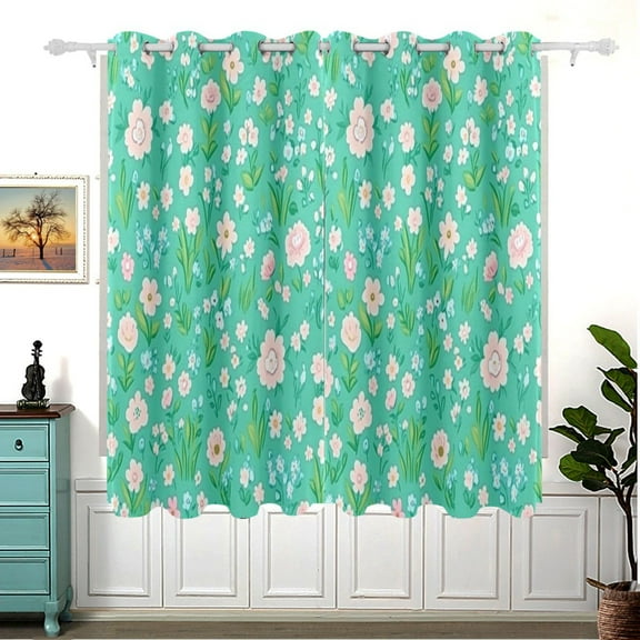 Mint Green Floral Pattern Thermal Blackout Curtains 63x55 Inch 2 Panels Grommet Window Drapes for Bedroom Living Room