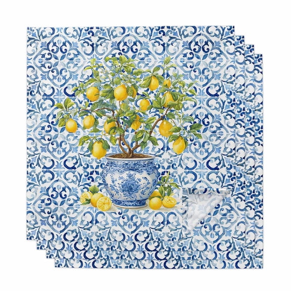 Summer Lemons Cloth Napkins, Blue Boho Floral Farmhouse Botanical Washable and Reusable Dinner Napkins Set of 4, Table Napkin for Kitchen Party Birthday Wedding Hotel Housewarming 20"x20"