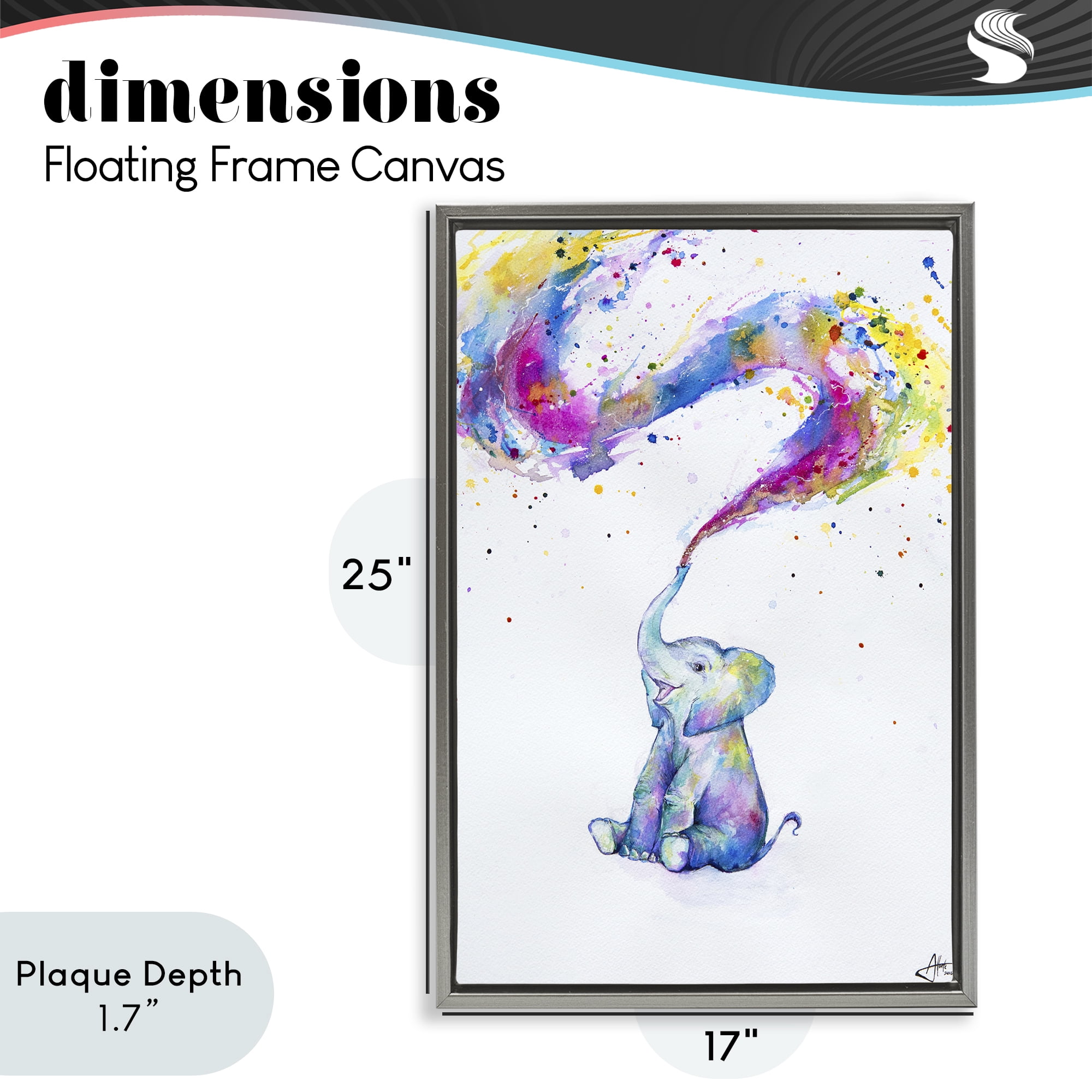 Stupell Industries Spring Elephant & Paint Splatter Gray Framed Floater Canvas Wall Art, design by Marc Allante