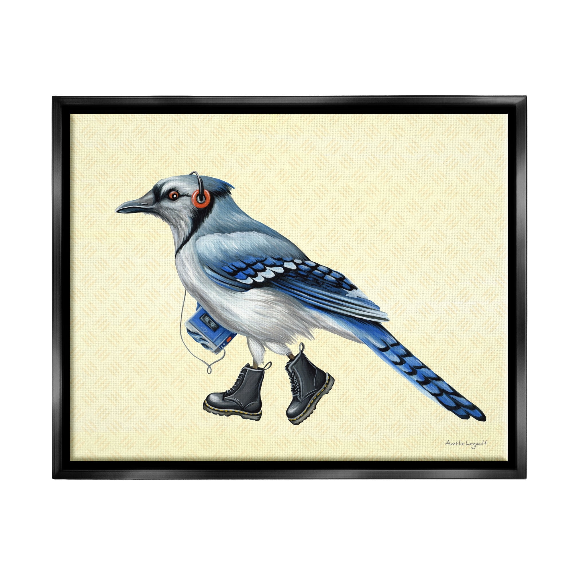 Stupell Industries Blue Jay Bird Combat Boots Retro Tape Cassette Graphic Art Luster Gray Floating Framed Canvas Print Wall Art, Design by Amelie Legault