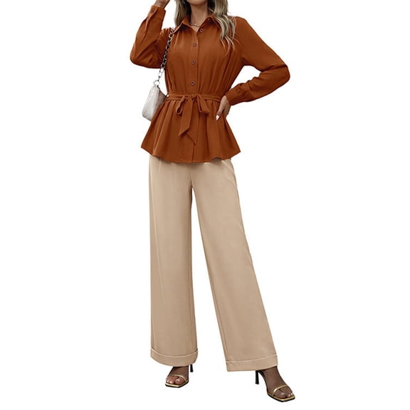 Women Lapel Long Sleeve Button Belted Peplum Shirt Wide Leg Trousers 2 Piece Matching Outfit Set Orange S