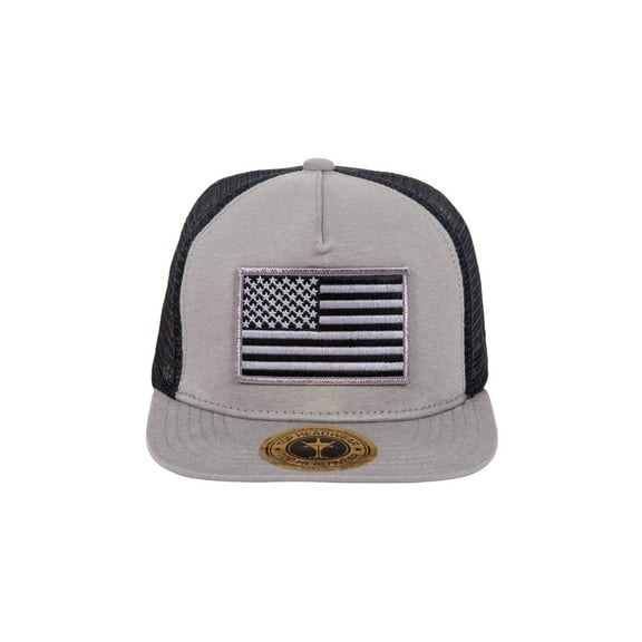 USA Flag Cotton Flat Bill Black Mesh Hat - Grey