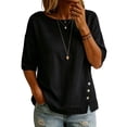 thumbnail image 2 of Womens Elbow Length Sleeve T-Shirts Crew Neck Side Button Detail Tops Solid Color Casual Summer Blouses S, 2 of 5