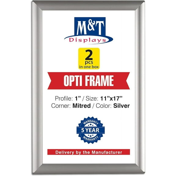 M&T Displays Opti Snap Picture Frame 11x17 Inch, Front Loading Diploma Frame, Silver Color 1" Aluminum Profile Size, 2 Packs