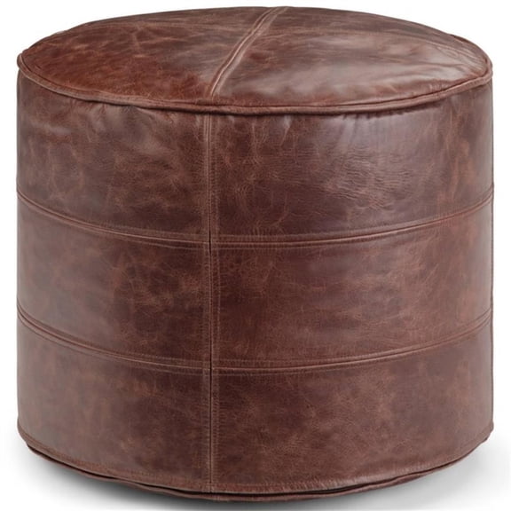 Maklaine Genuine Leather Distressed Brown Pouf Round Fully Assembled