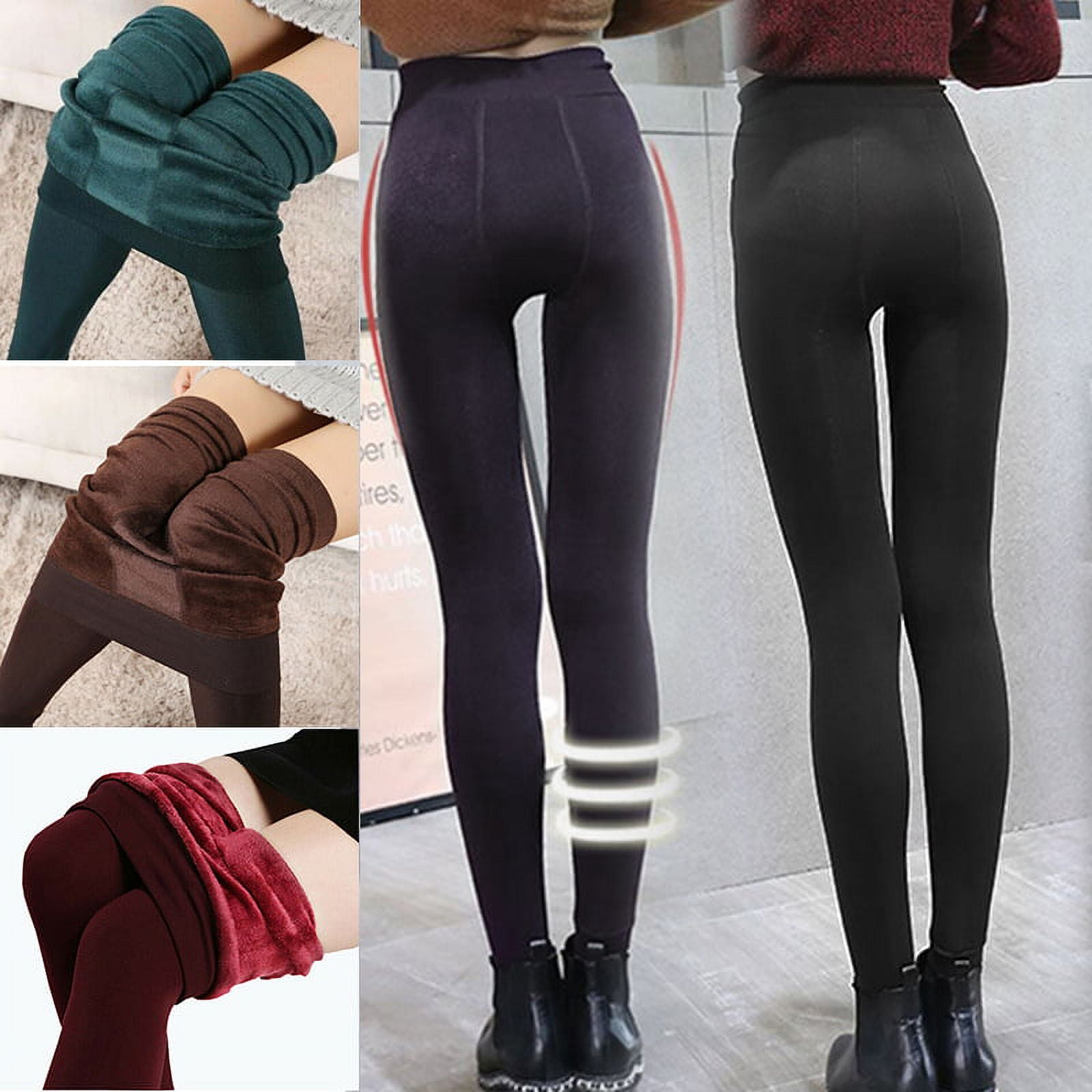 Women Fleece Lining Leggings Solid Color Tights Full Length High Waist  Tummy Control Pants for Winter Skin Color 
