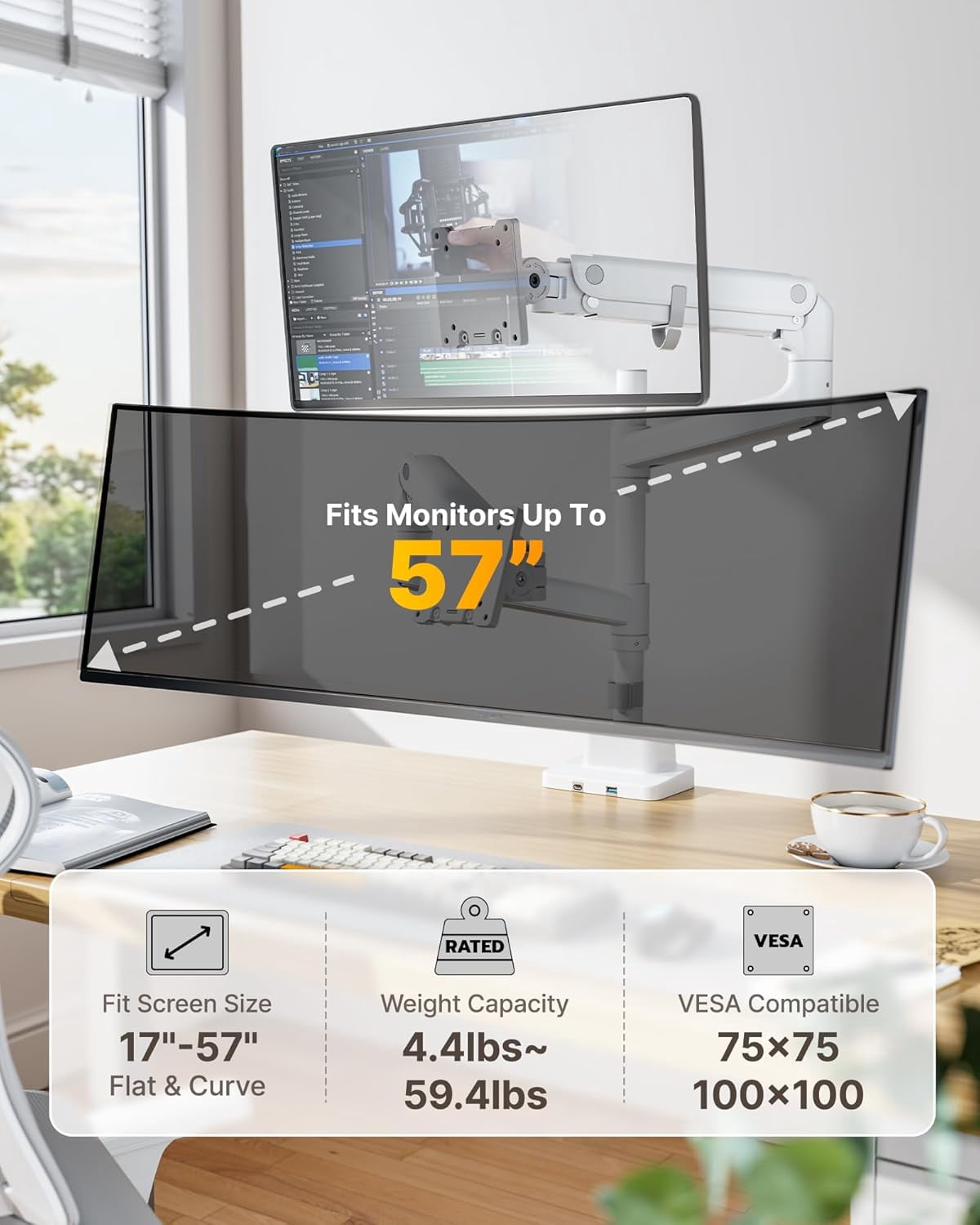 monTEK Dual Monitor Arm for 17–57 in Ultrawide Screens, Vertical Stackable Gas Spring Desk Mount Holds 59.4 lb per Screen, Adjustable Tilt Swivel Rotation, VESA 75x75/100x100, Clamp & Grommet, White