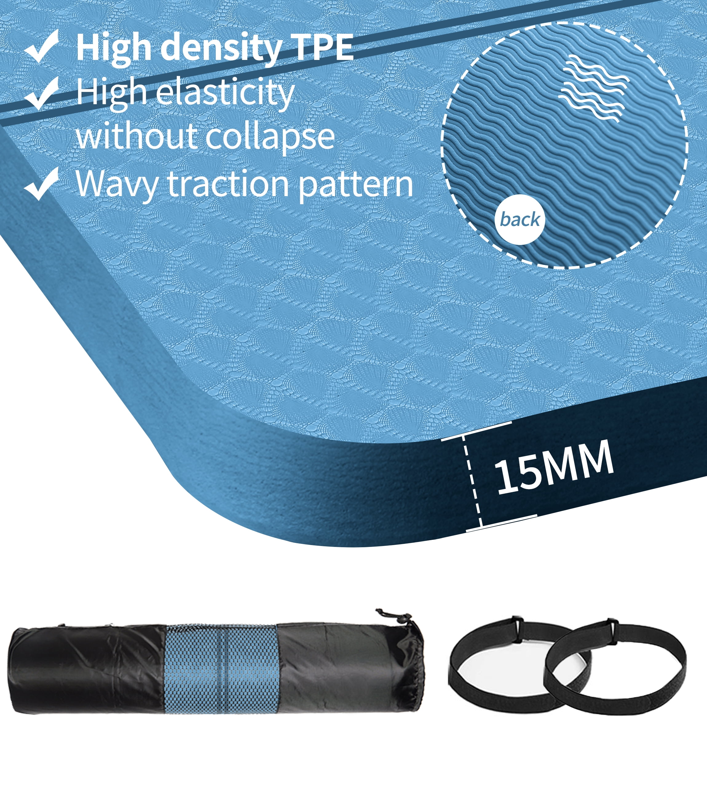 Extra Thickened 15mm Exercise Mat (72" x 32") for Men & Women Non Slip with High Density Large Shock Absorber Pad for Home Gym Travel & Floor Outside Fitness in Light Blue