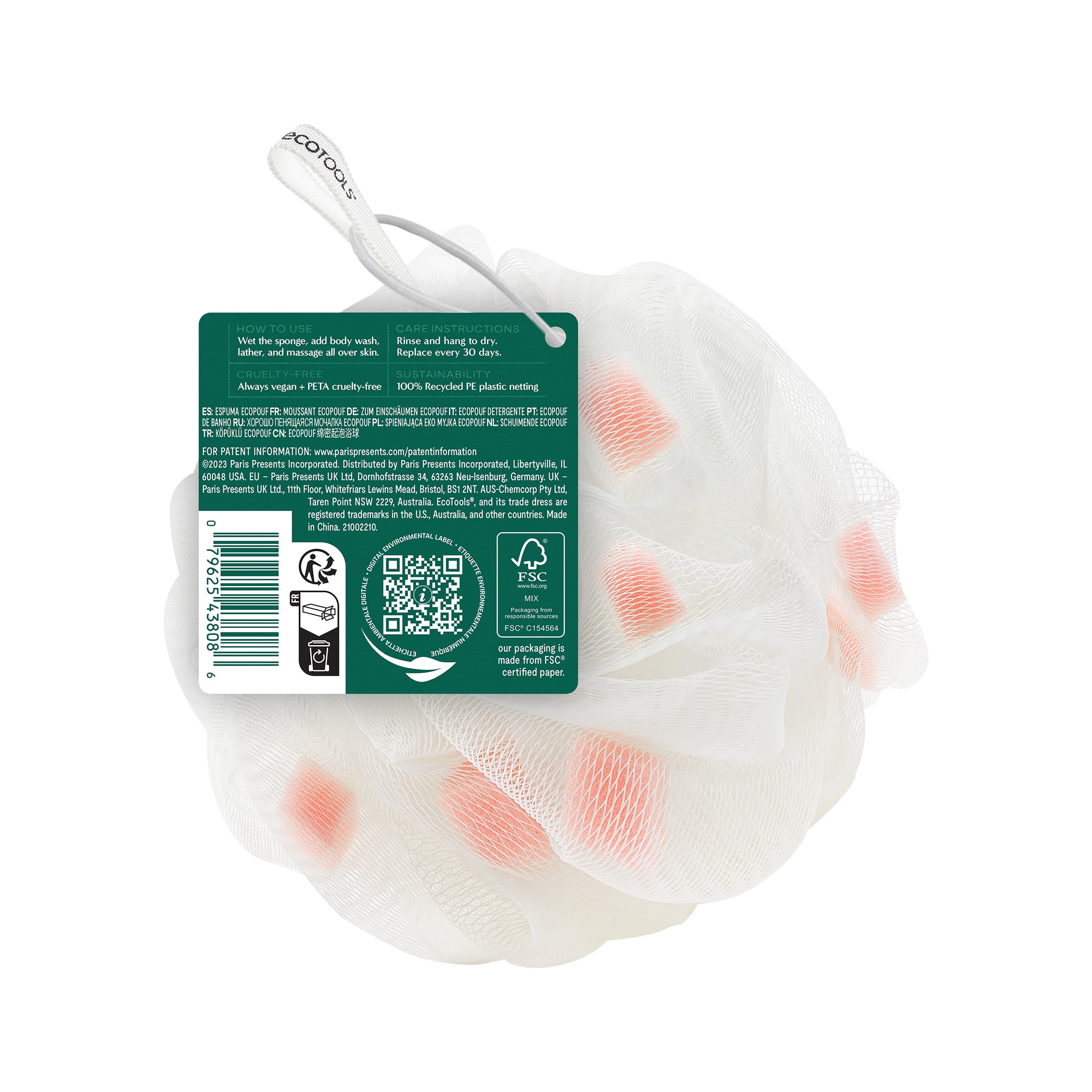 EcoTools Lathering Bath Pouf, White & Pink Loofah for Cleansing, for Adults, 1 Count