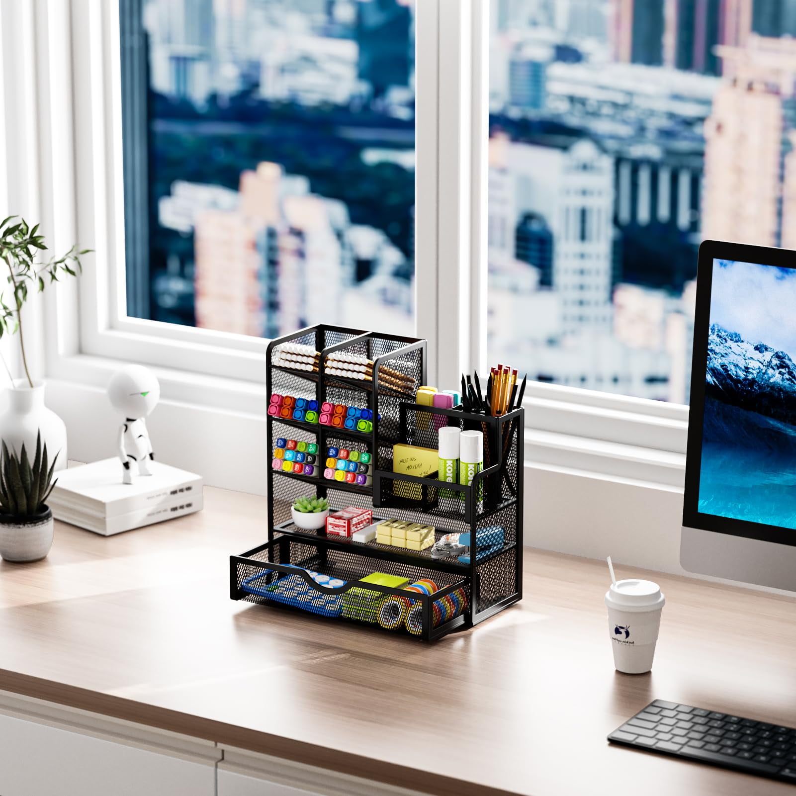 Marbrasse Mesh Pen Holder for Desk, Desk Organizer with Drawer, Multi-Functional Pencil Organizer, Accessories for Office Art Supplies (Black)
