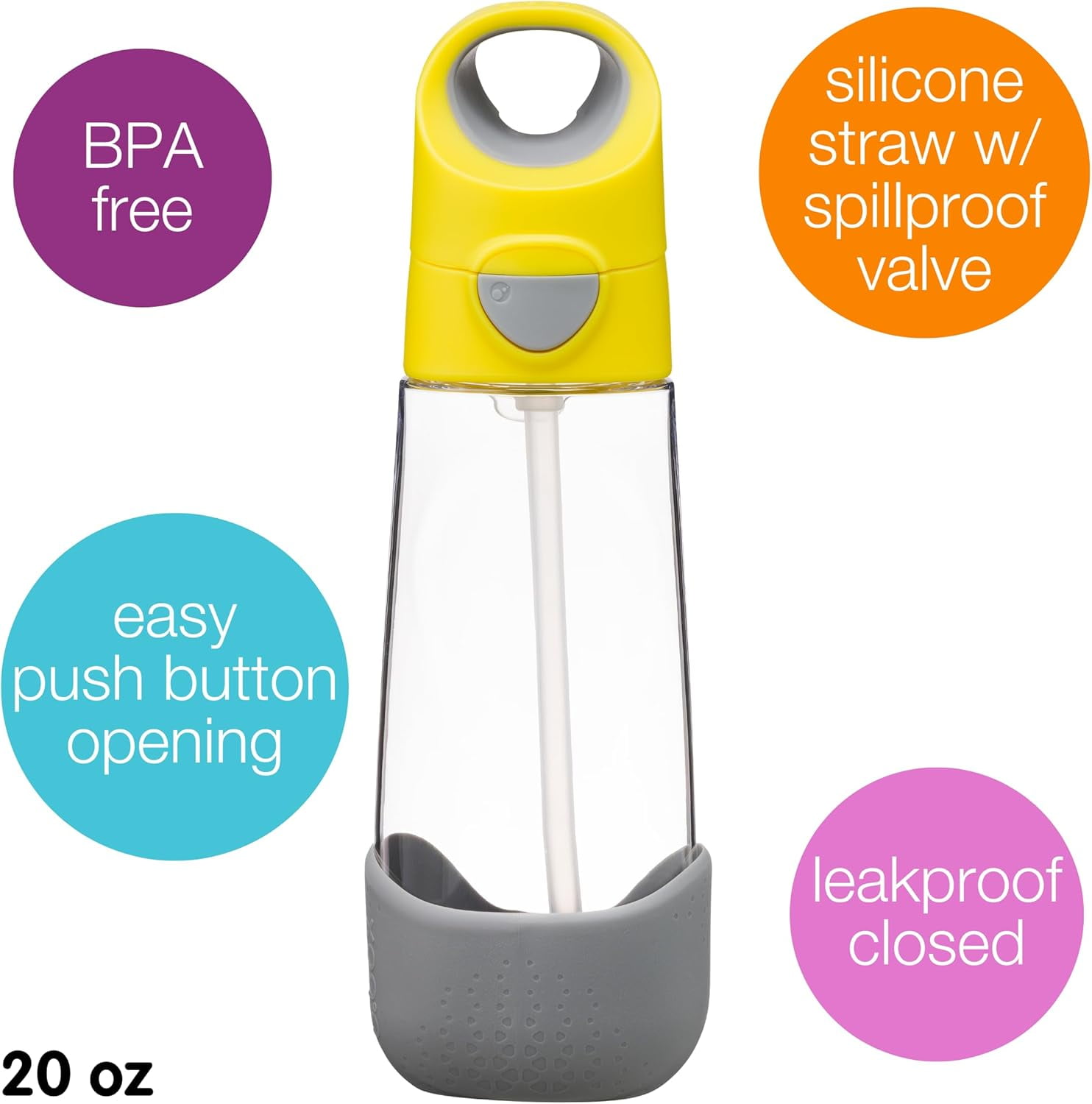 b.box 20 oz Tritan™ Drink Bottle: Kids Water Bottle w/ Straw & Flip Top Lid for School, Travel, Daycare. Spill & Leak Proof. Easy Grip Triangle Shape. BPA Free, Dishwasher Safe. Lemon Sherbert