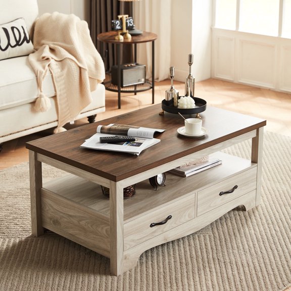 LINSY HOME Coffee Table with Storage Drawers, Wooden Farmhouse TV Stand Center Table for Living Room, Oak White