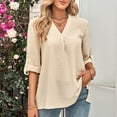 thumbnail image 2 of Top de manga tres cuartos con cuello en V para mujer Top suelto de color puro suave y transpirable para ir de compras Albaricoque S, 2 of 6