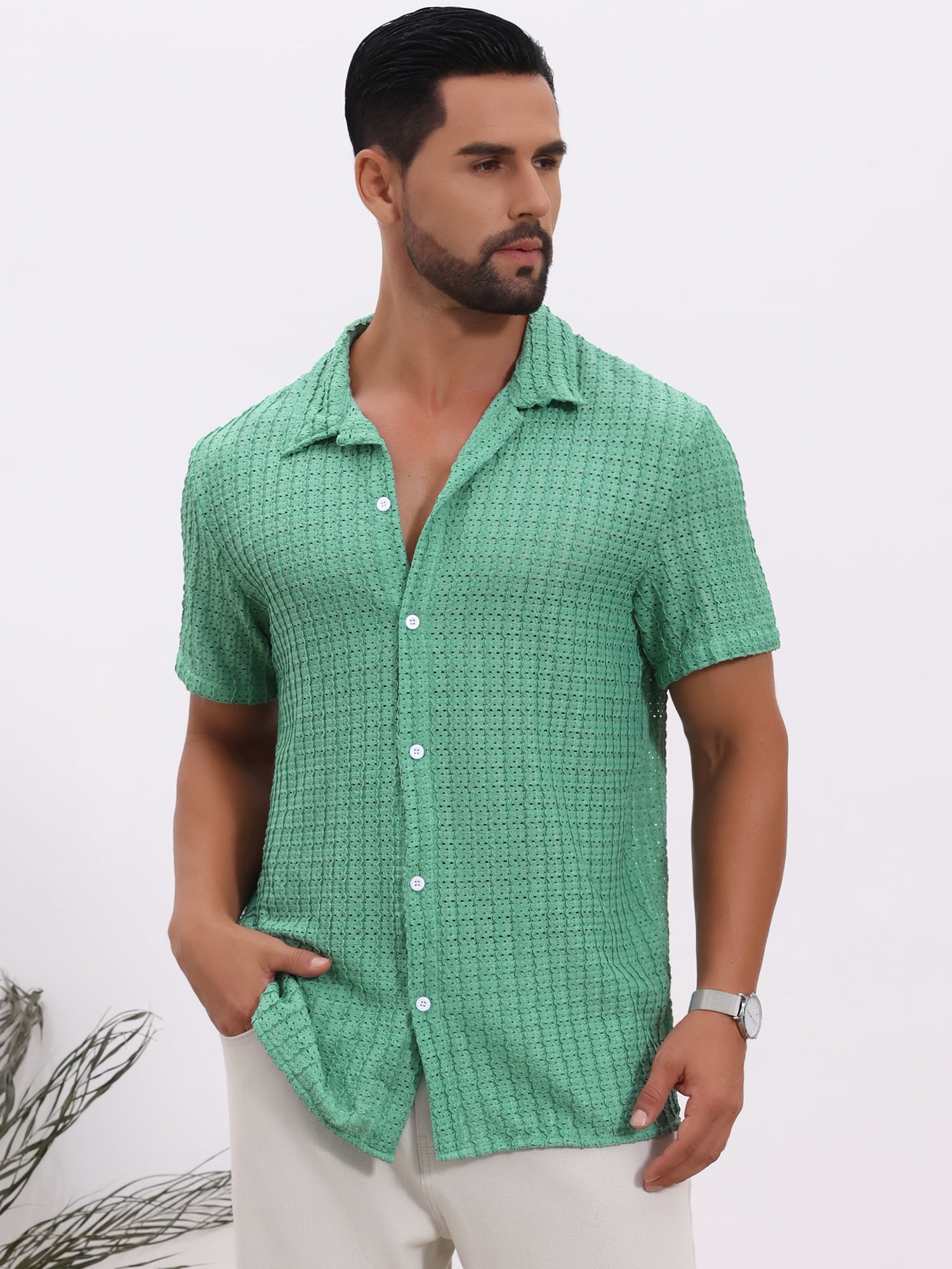 DARING DIVA Men's Casual Knitted Hollow Out Short Sleeve Shirt M Green