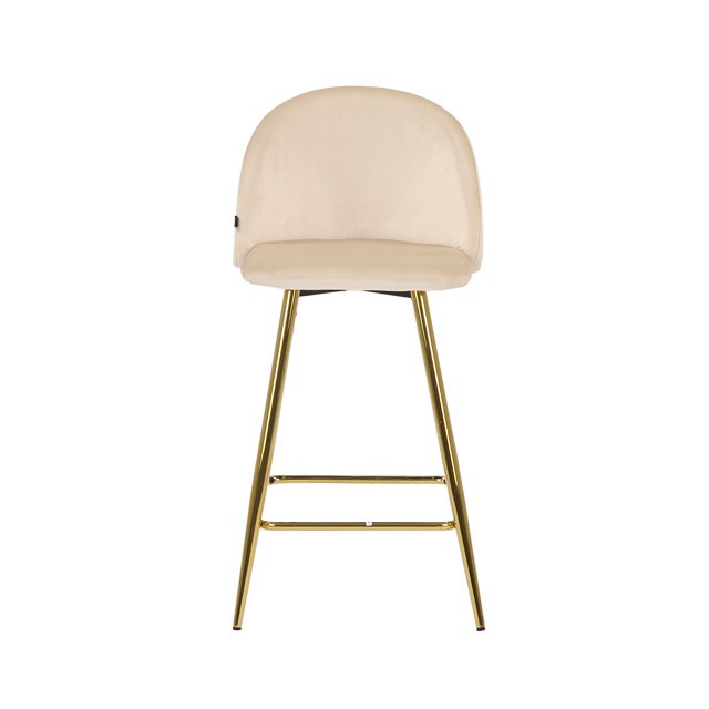 banco alto jonotla velvet pata dorada - beige banco de bar beige tapizado en velvet con respaldo curvo y asiento acolchado, patas metálicas doradas con dos reposapiés horizontales; vista frontal sobre fondo blanco, ideal como mueble para bar.
