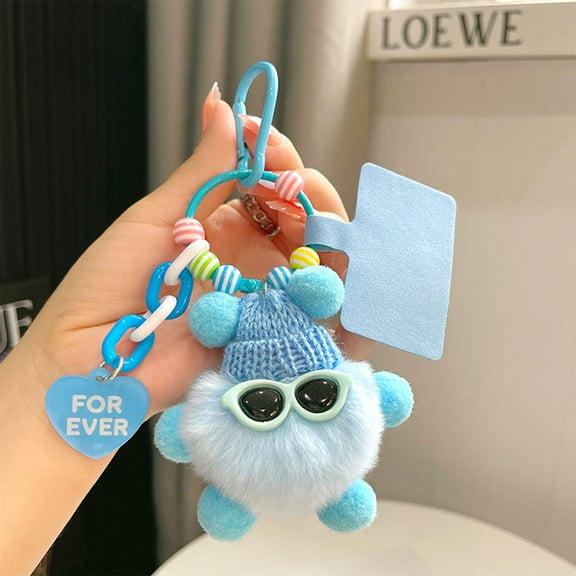 Plush Pompom Keychain for Bags and Backpacks, Soft Stuffed Animal Key Ring Accessory, Gentle Embroidery Detail for Daily Carry Use(A)