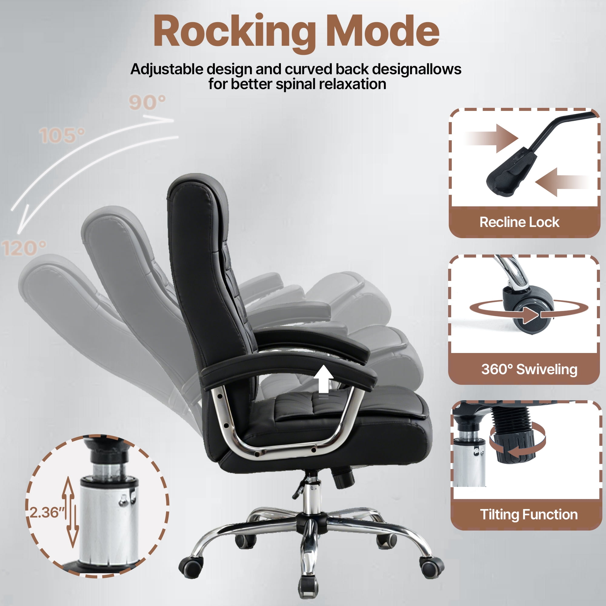 Ergonomic High Back Office Chair, Adjustable PU Leather Executive Swivel Desk Chair with Spring Padded Seat & Armrest, 350 LBS Capacity Computer Chair for Home Office，Black