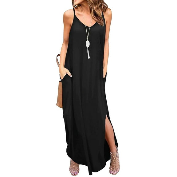 MLANM Women Summer Casual Dress Floral Loose Boho Dresses Cami Maxi Dresses with Pockets, M Black