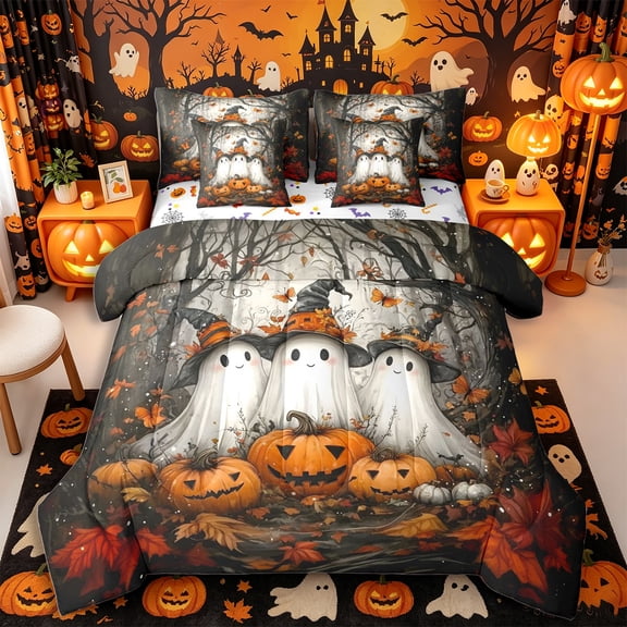 Manfei Kawaii Spooky Ghost 7-Piece Twin Bedding, Halloween Pumpkin Butterfly Bedding Comforter Set, Orange Black Gray,Reversible