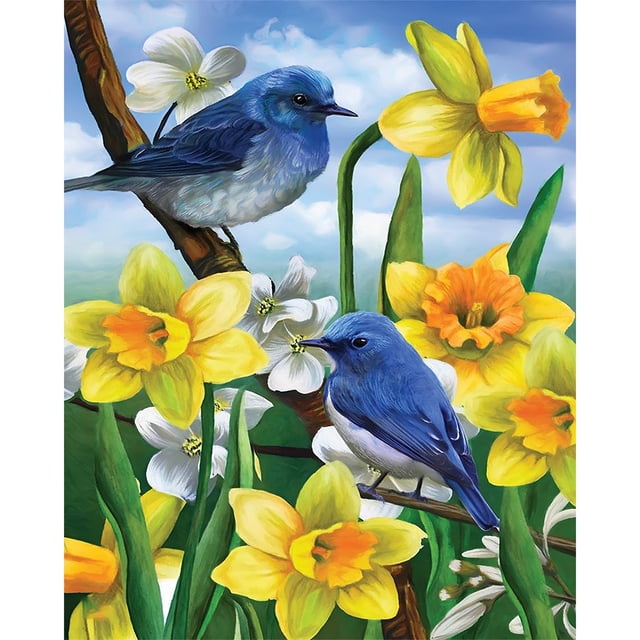 pintura al óleo de pájaros y flores por números diy decoración del hogar pintada a mano sin marco Kit 40x50 cm con dos pájaros azules posados en ramas entre narcisos amarillos y flores blancas en lienzo sin marco; áreas numeradas listas para pintar, ideal para bricolaje, decoración del hogar y como regalo creativo.