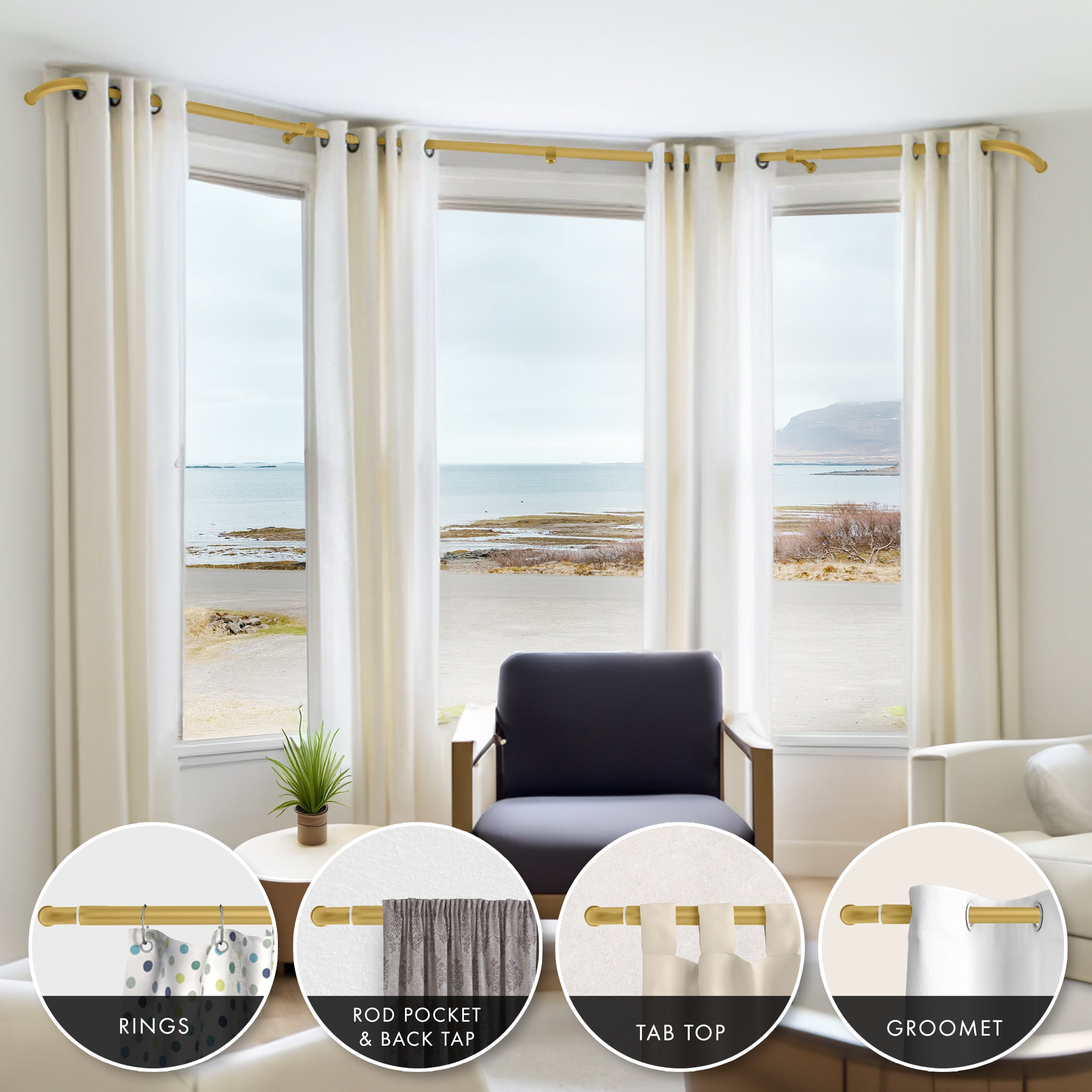 MERIVILLE 1" Bay Window Curtain Rod Set, Adjustable Side 20–37" and Center 38–72", Single Rod, Gold