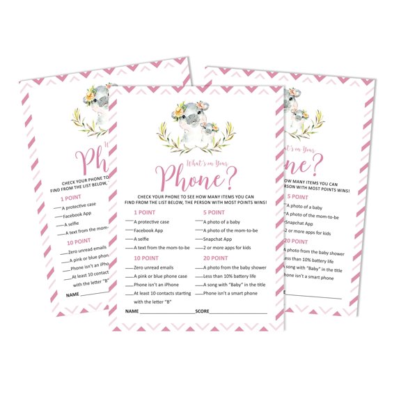 Inkdotpot 50What'sIn Your PhoneBaby Shower GameCards Hippo Girl Gender Neutral Activity CardsPartyIdea Baby Shower Party Supply