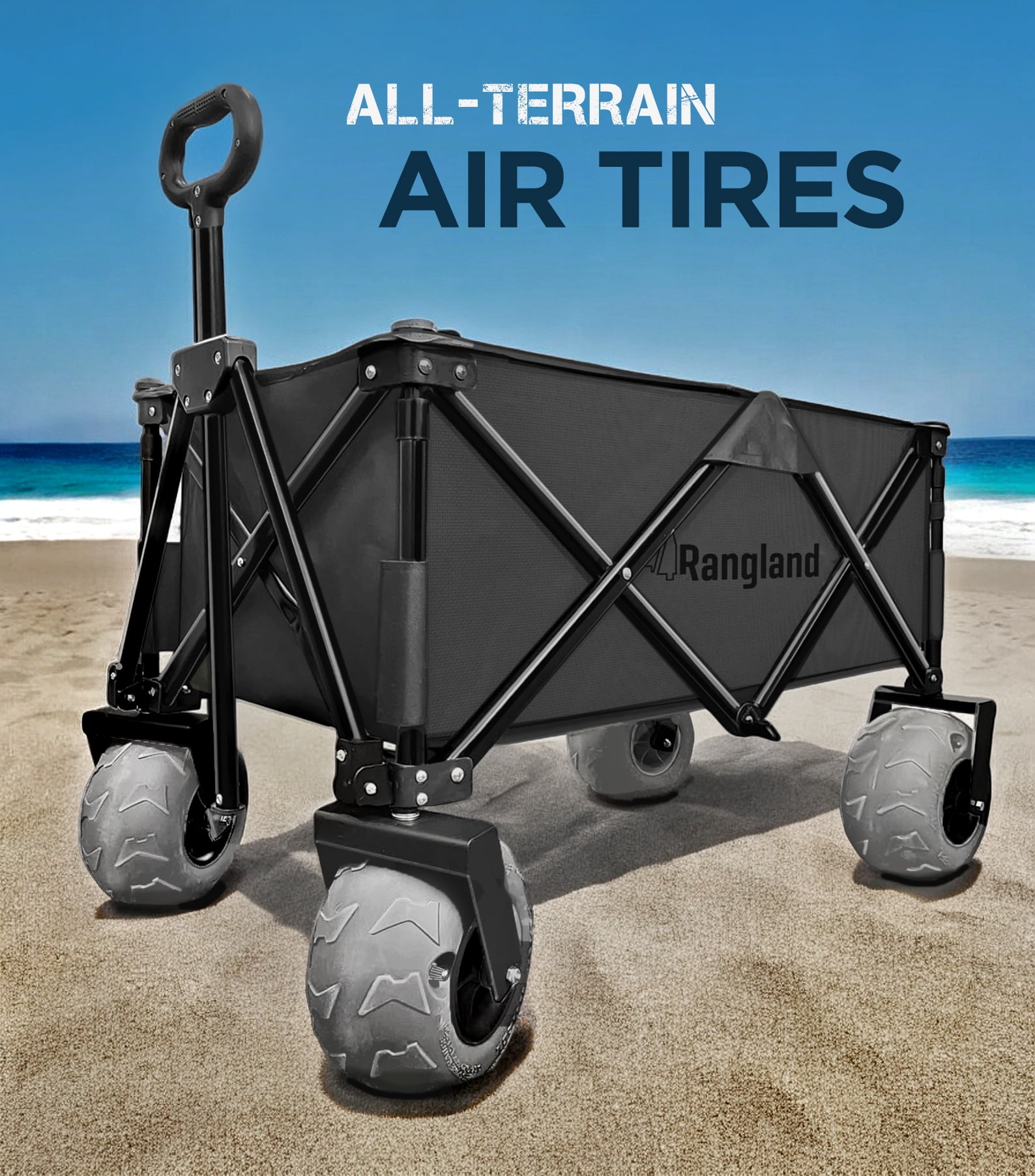 Rangland Beach Wagon With Big Wheels For Sand - All Terrain Steel Frame Utility Cart with 9" Pneumatic Tires, Collapsible Folding Design - Sand Warrior Pro Series II (black)