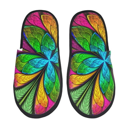 

Fuzoiu Multicolored Beautiful Flower Print Unisex Furry Slippers Plush Indoor Shoes Trendy House Slippers Anti-Skid EVA Sole House Shoes for Home Office and Travel -Large