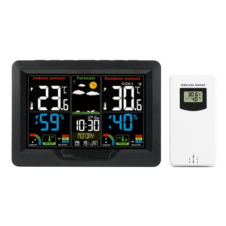 

moobody Wireless Weather Forecast Station Clock RF Indoor Outdoor Color Screen Clock with RF Digital Temperature and Humidity Detection Electronic Table Clock with Alarm Snooze Mold Risk