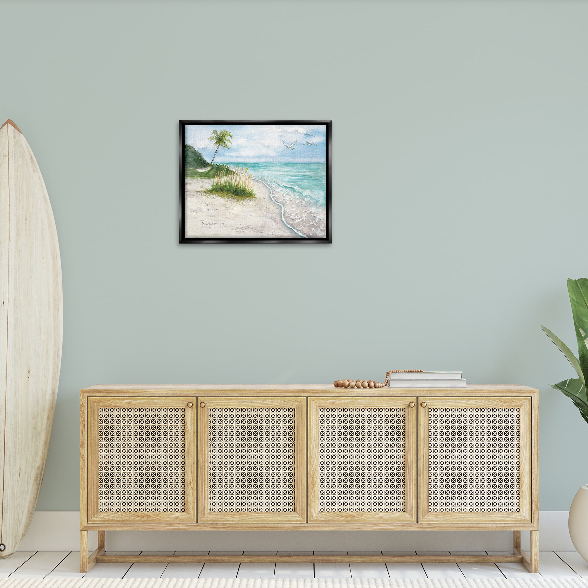 Stupell Industries Seagulls over Tropical Beach Landscape Painting Black Floater Framed Canvas Art Print Wall Art, 31 x 25