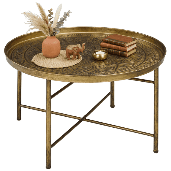 Round Coffee Table 24 Inch, Gold Center Table with Hammered Metal Tray, Living Room Cocktail Table for Bedroom, Modern Side Table