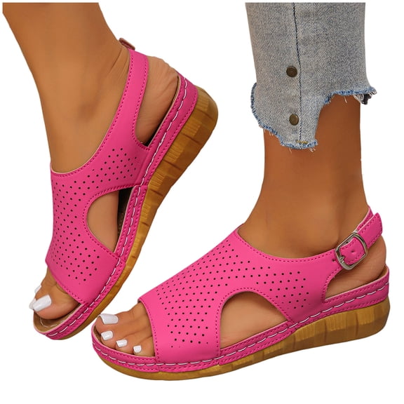 Women's Casual Wedge Sandals Slip On Hollow Out Platform Dress Shoes Breathable Open Toe Ankle Strap Walking Shoes Pink Size 9