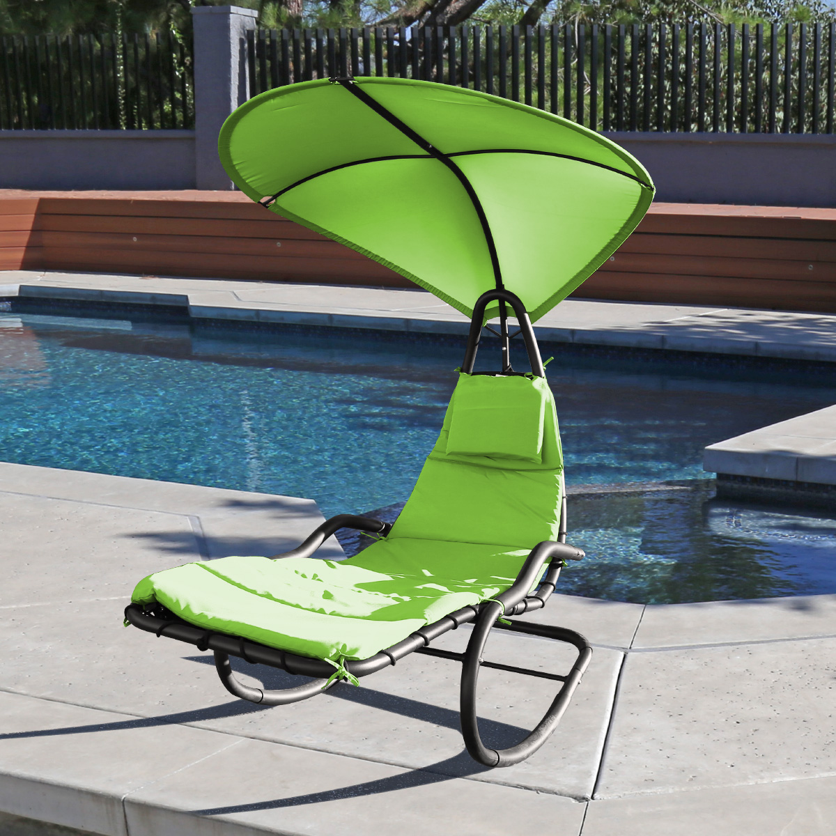 Rocking Hanging Lounge Chair - Curved Chaise Rocking Lounge Chair Swing For Backyard Patio w/ Built-in Pillow Removable Canopy with stand {Green} - image 2 of 8
