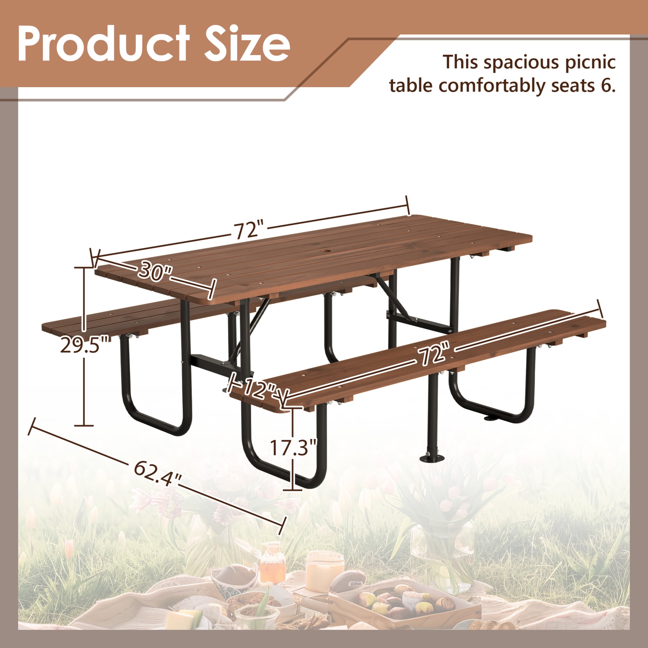 Noble House Alvion Rectangular Outdoor Picnic Set, Fir Wood Table with Built-in Benches and Umbrella Hole, Brown