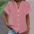 thumbnail image 3 of Short Sleeve Button Up Shirts for Women Summer Fall Spring Solid Color Dressy Casual Blouses V Neck Loose Tops (L, Pink), 3 of 6