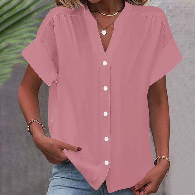 RXIRUCGD Mode Chemise à Manches Courtes Unie Printemps/été pour Femmes, Rose, Taille : L