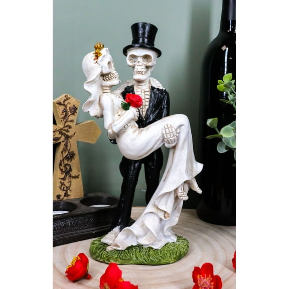 Love Never Dies Day of The Dead Skeleton Groom Carrying Bride With Rose Figurine