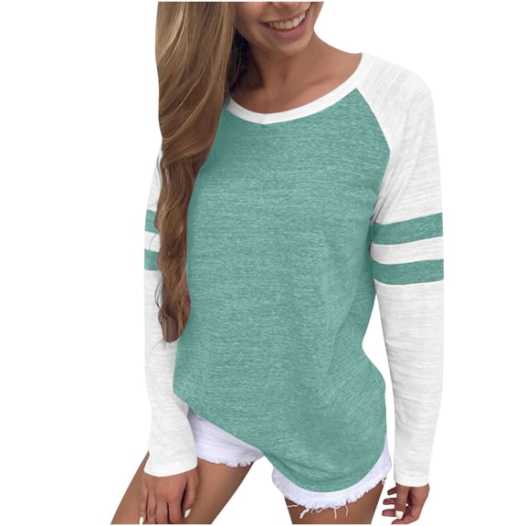 Sexlip Tops Striped Long Sleeve Shirts for Women Color Block Baseball T-Shirt Crewneck Tops Casual Loose Tees Green XXXL